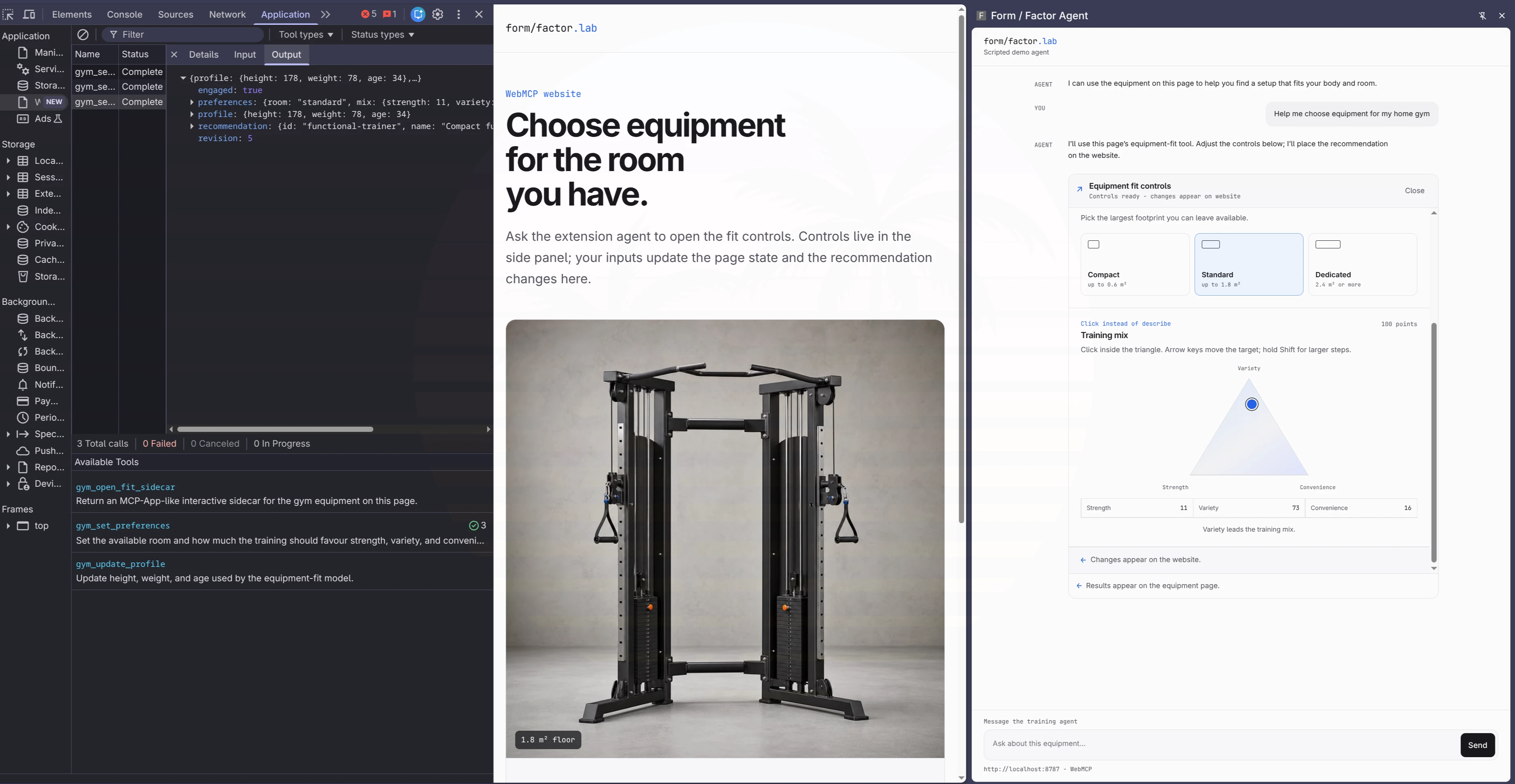 The Form / Factor demo in three panels: WebMCP tools in Chrome DevTools, the live home-gym equipment page and an Equipment fit controls View in the agent side panel.